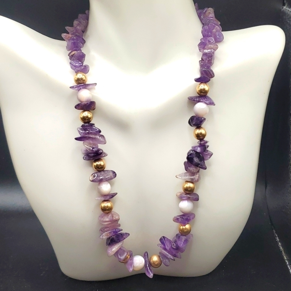 Moonstone and amythest authentic precious‎ stone necklace N3320